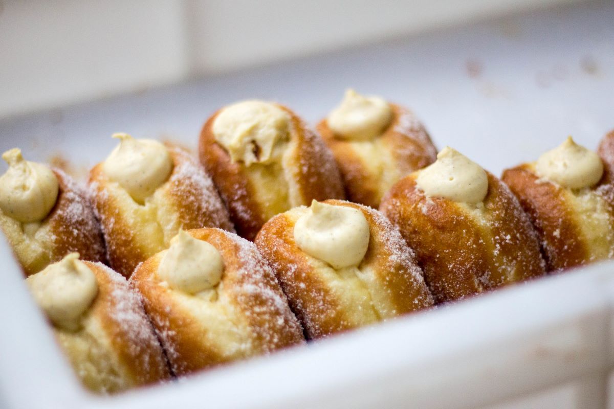 Rows of cream filled doughnuts at St. John Bakery in London. 