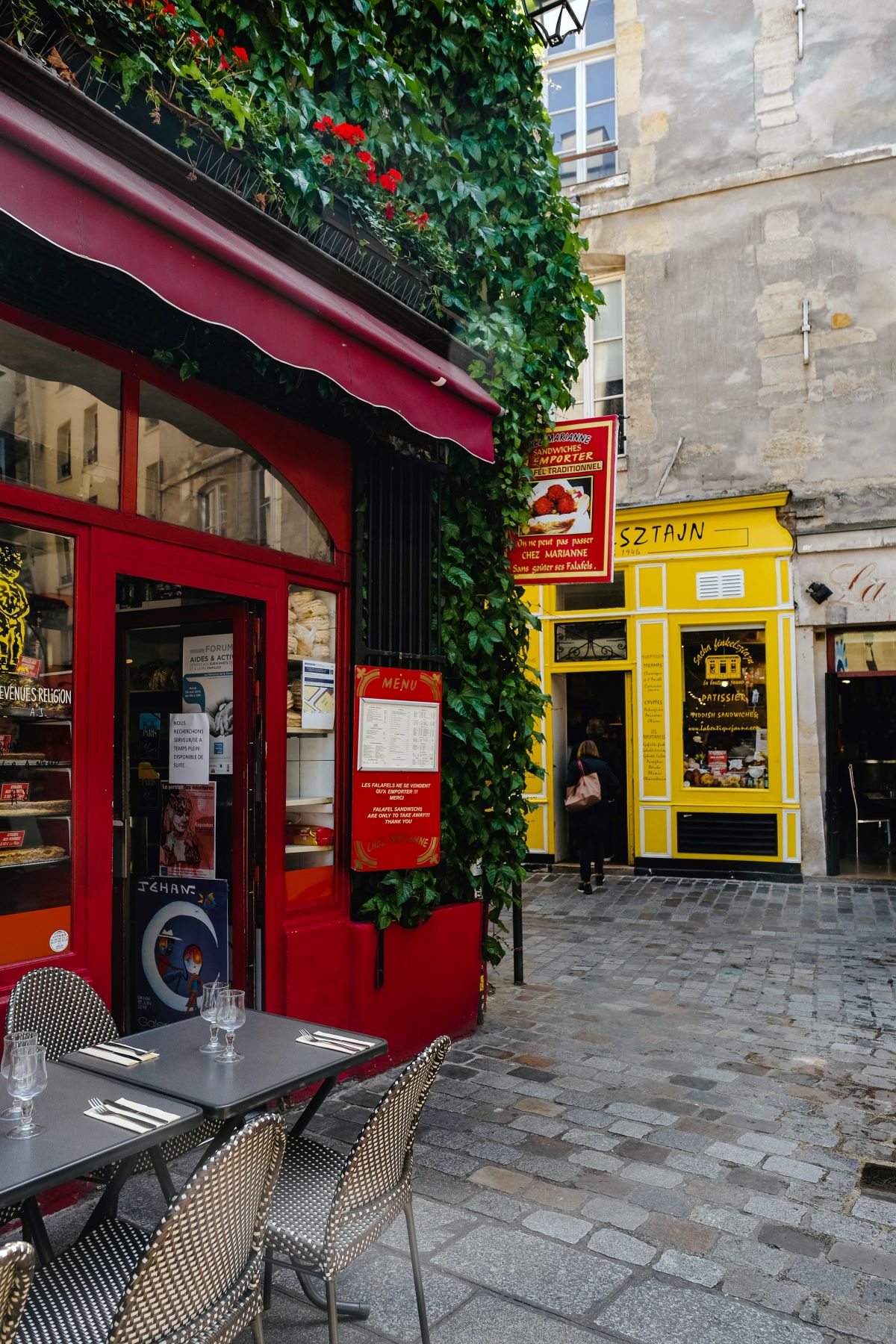 Le Marais neighborhood near a famous falafel spot in Paris 