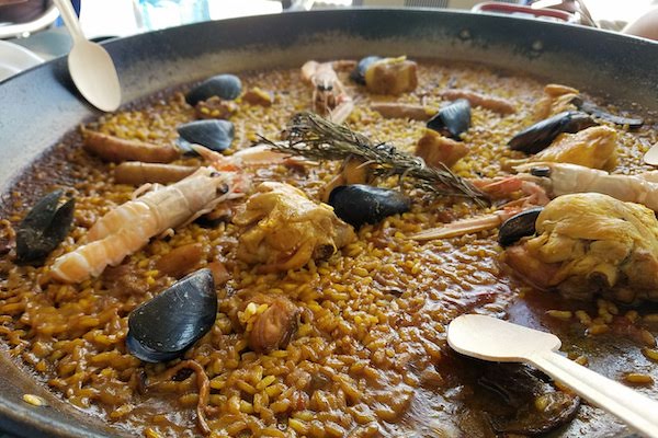 Dish of seafood paella