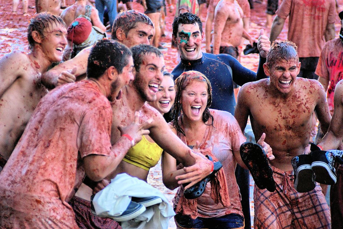 People celebrating at La Tomatina in Spain. 