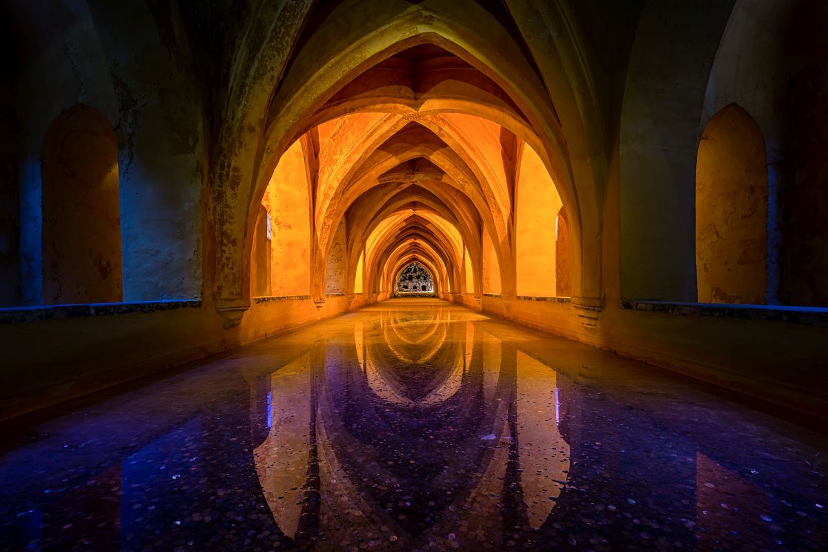 Inside the Alcazar bathhouse in Seville, Spain. 