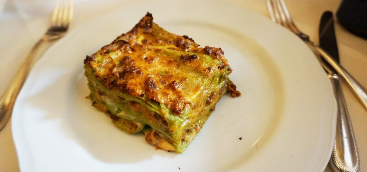 Green-noodle lasagna at Drogheria della Rosa in Bologna, Italy