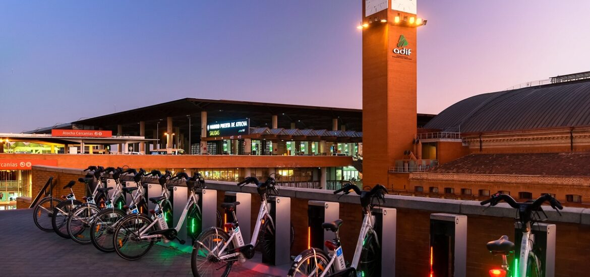 Bici charging station in front of Madrid's Atocha trian station