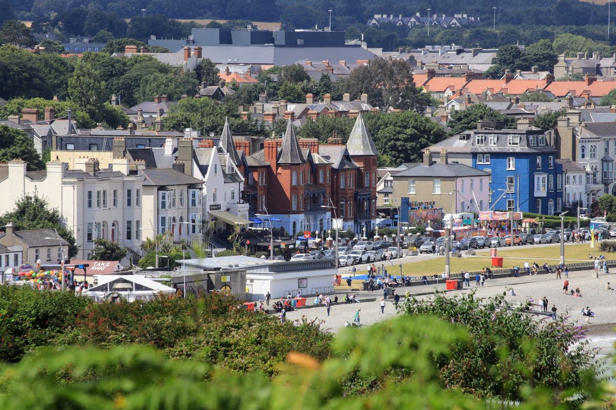 Ariel view of Bray, Ireland on a sunny day. 