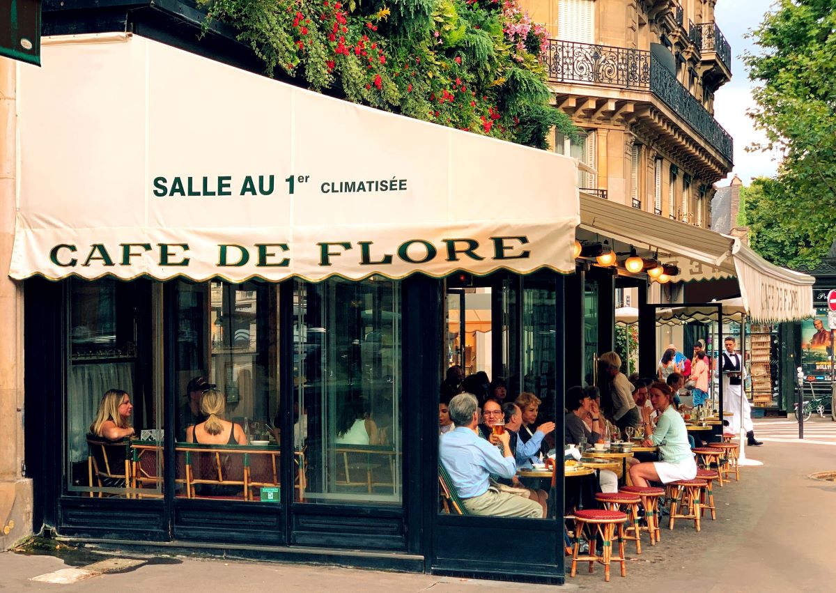 Famous exterior of Cafe de Flore french restaurant in Paris. 