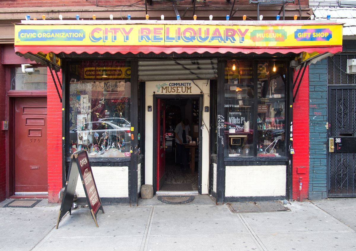 Street view of the City Reliquary museum in New York City. 