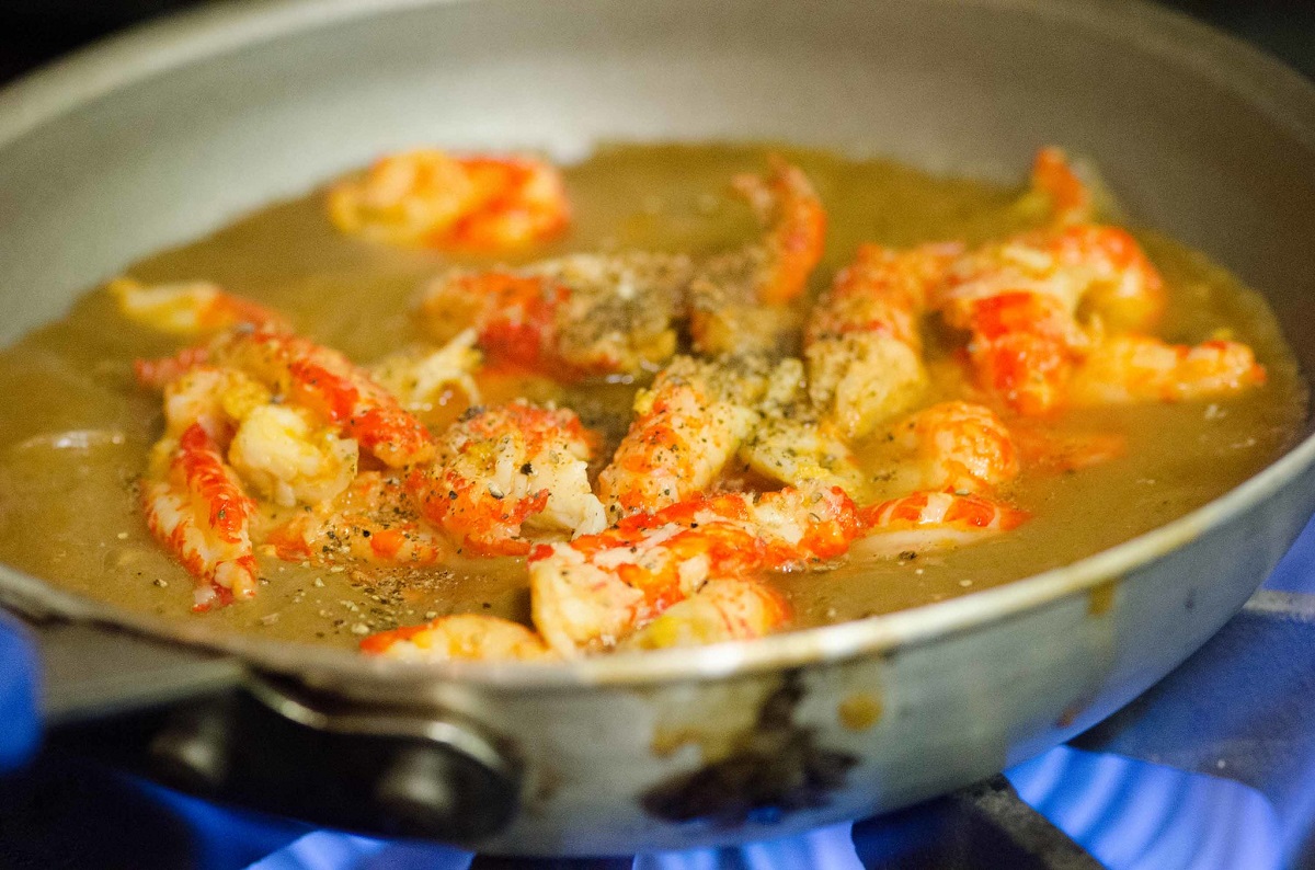 Crawfish etouffee simmering in a pan in the kitchen