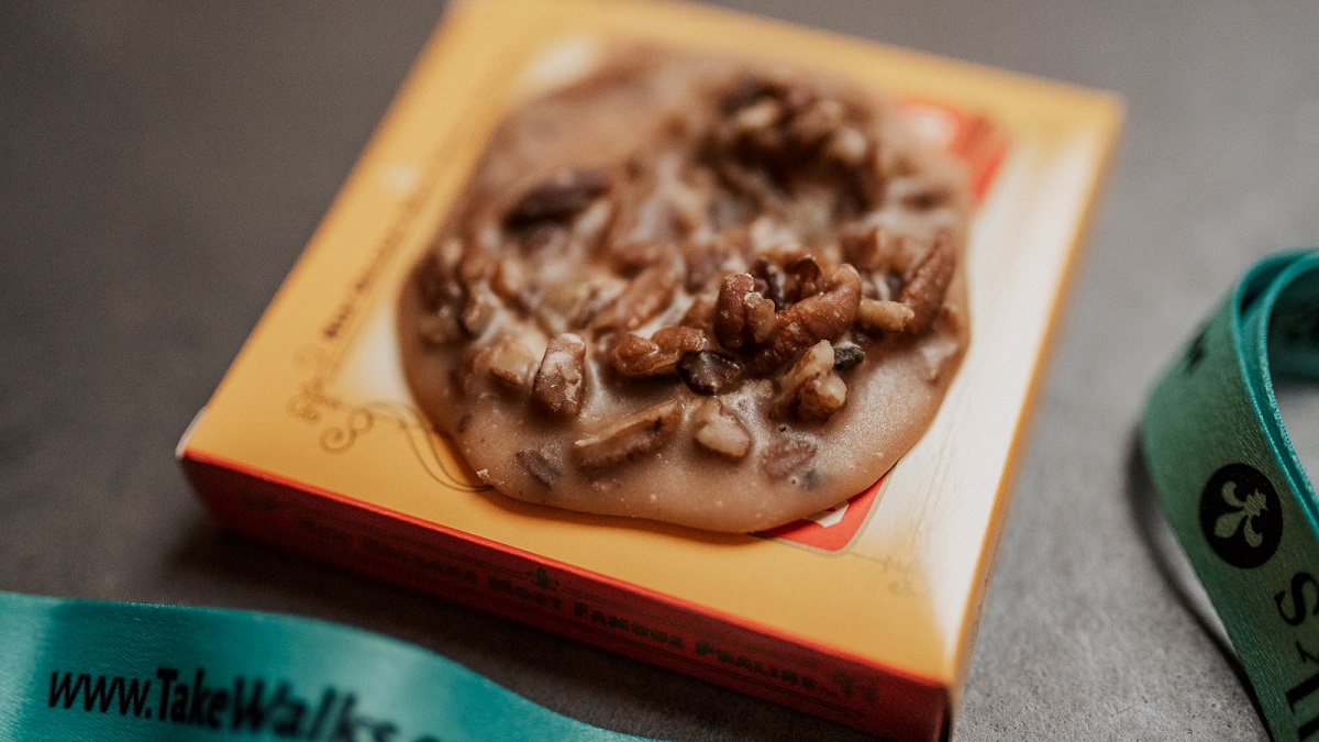 Box topped with melted and hardened pecan pralines in NOLA