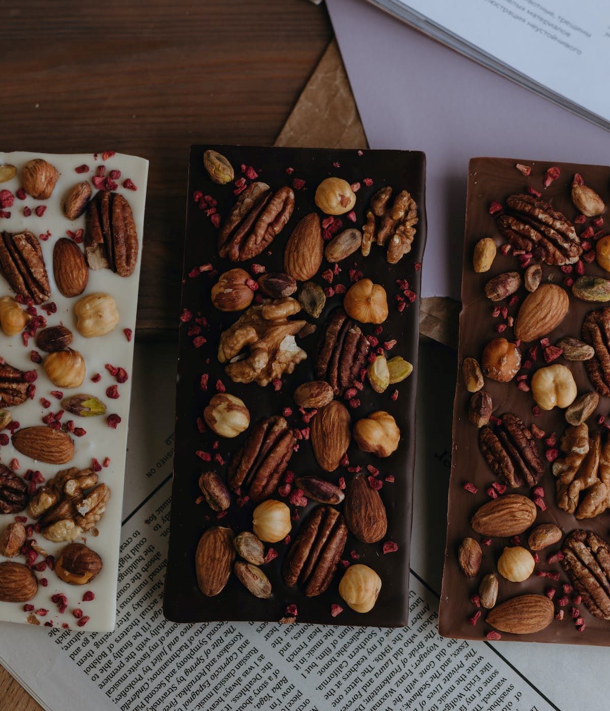 close-up of artisanal chocolate bars.