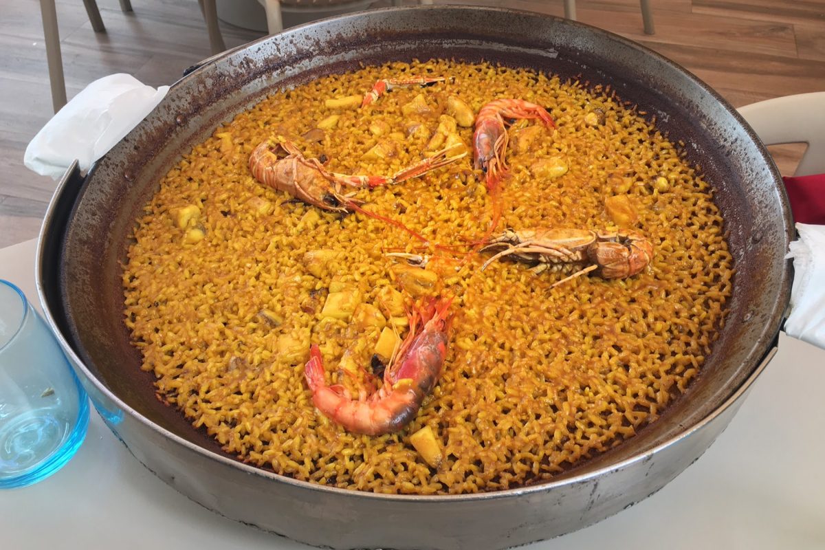 Delicious seafood Paella from Valencia. To be true paella it has to be this thin!