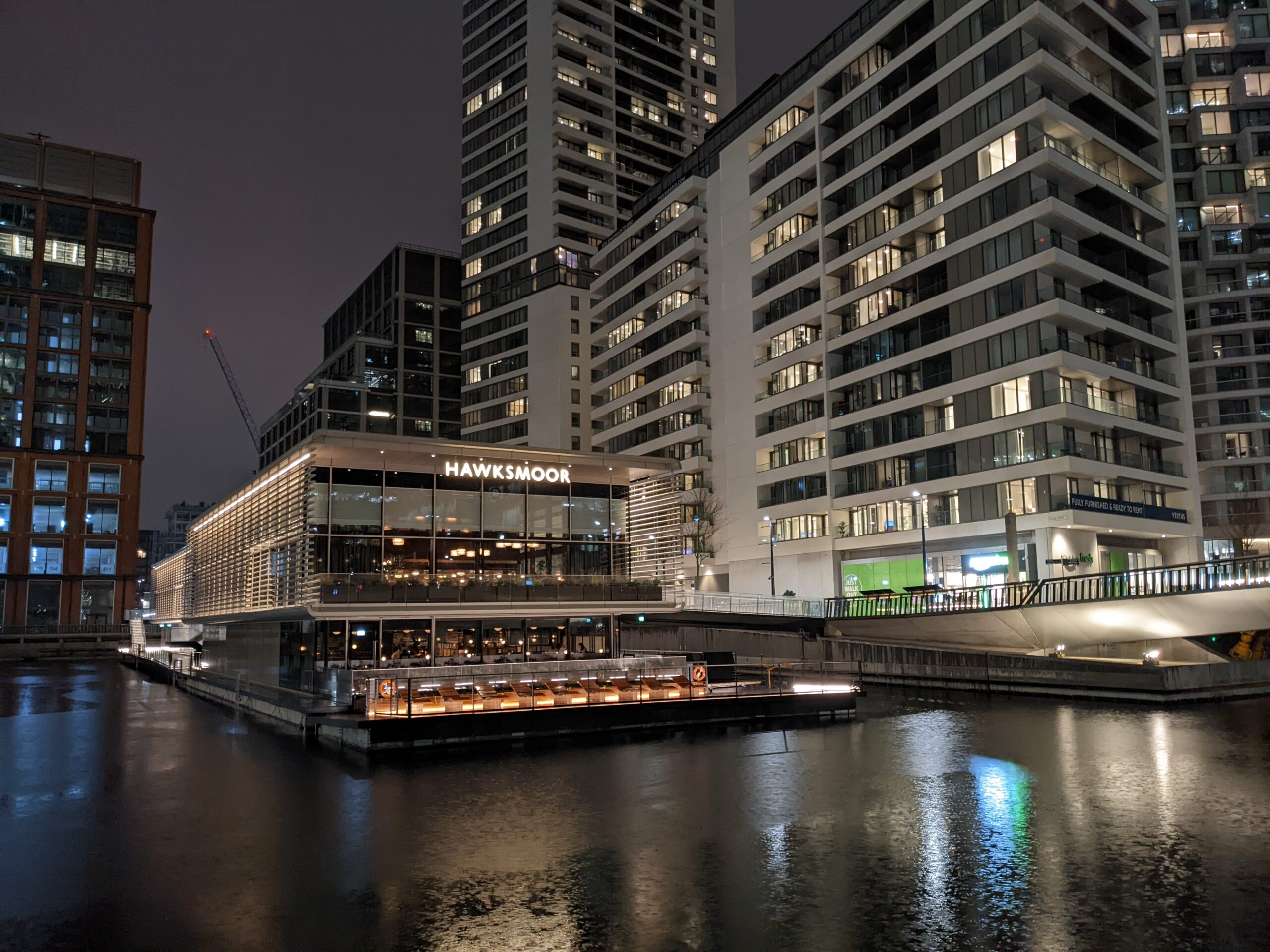 Hawksmoor Canary Wharf at night