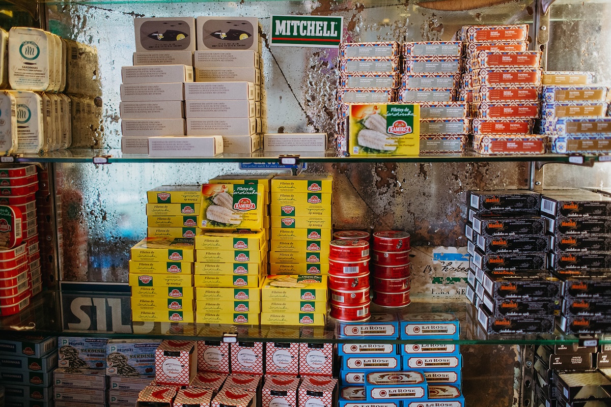 shelves of colorful tinned food