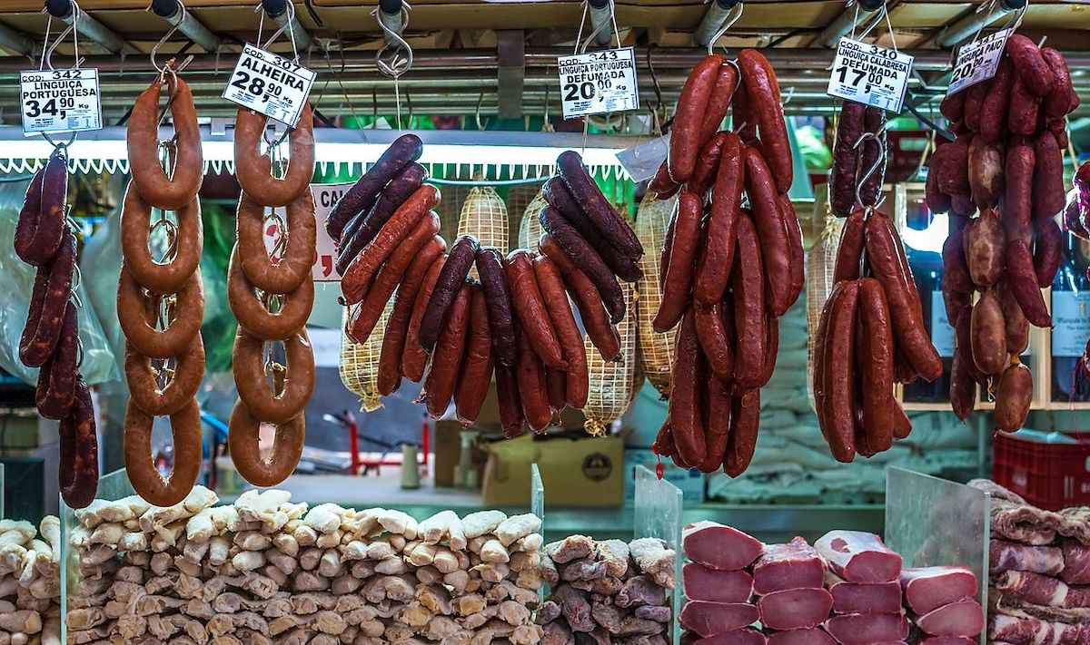 Portuguese market with sausages