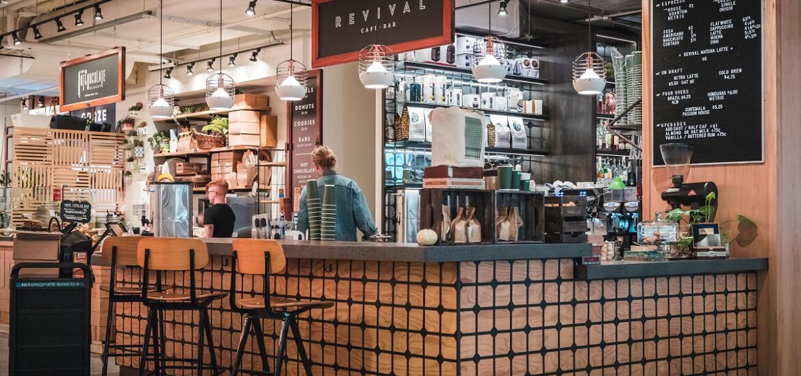 Cafe with broad counter at Chicago's Revival Food Hall