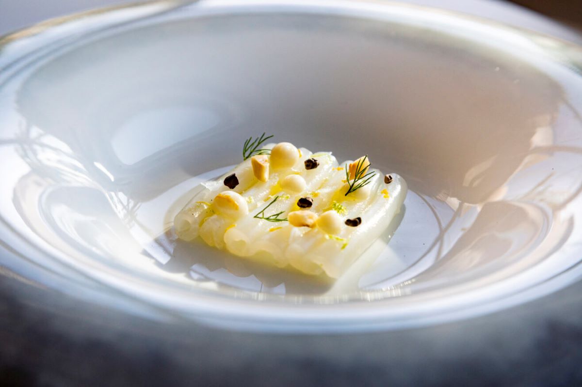 white bowl with small fish portion topped with delicate garnish