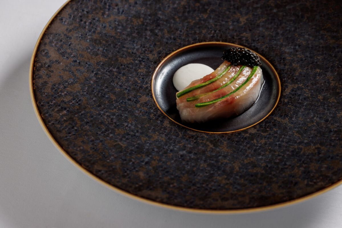 dark plate with small serving of fish slices