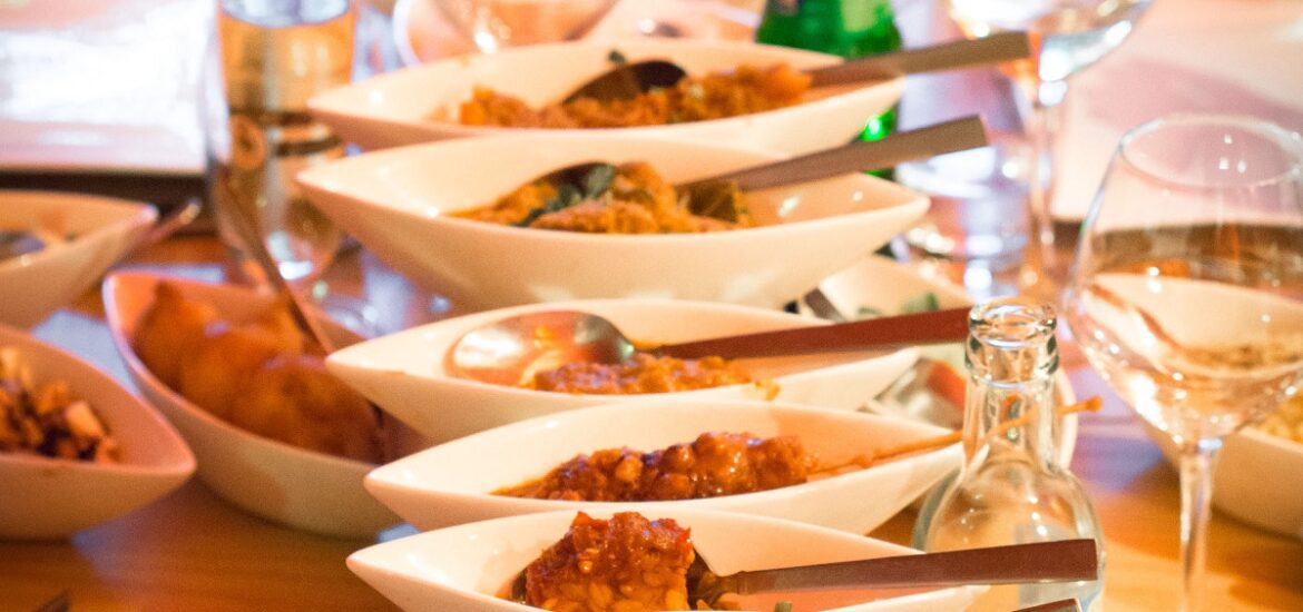 An elaborate rijsttafel - many rice dishes - in a restaurant in The Hague, Netherlands.