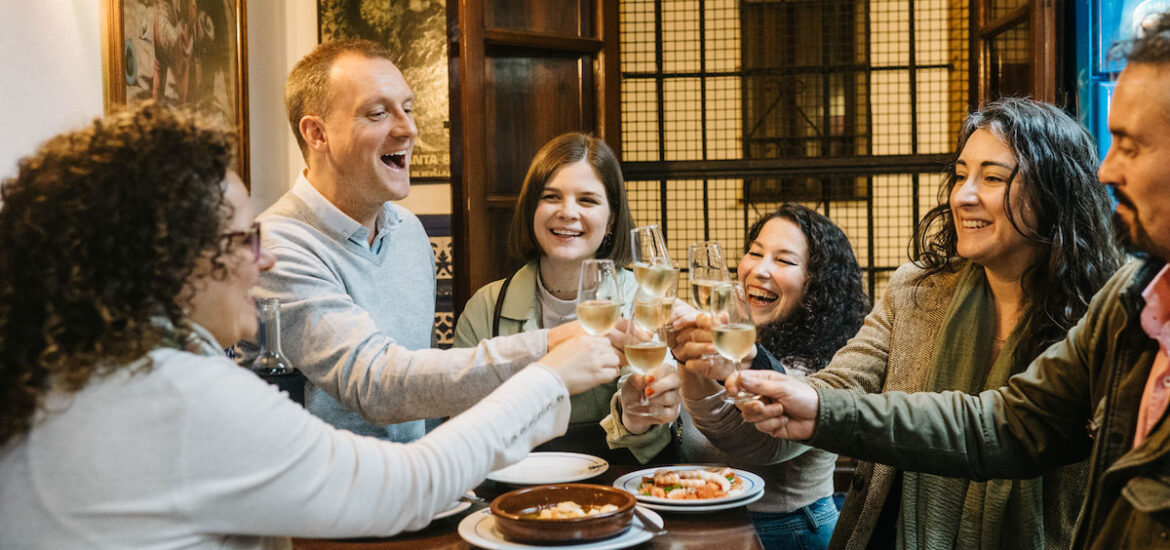 Group drinking sherry wine in Seville