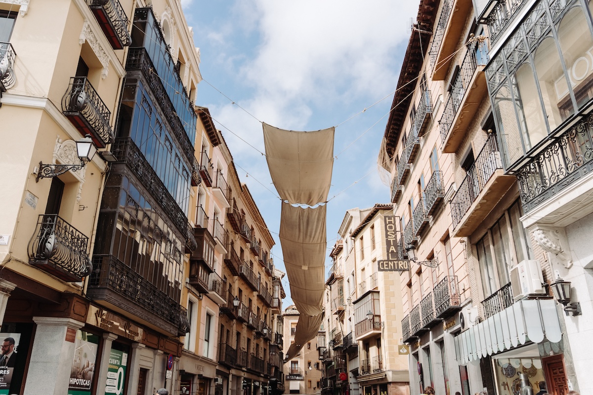 A busy street in the center of Toledo, Spain.