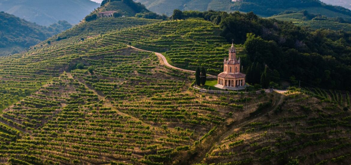 old church surrounded by hills with vineyards