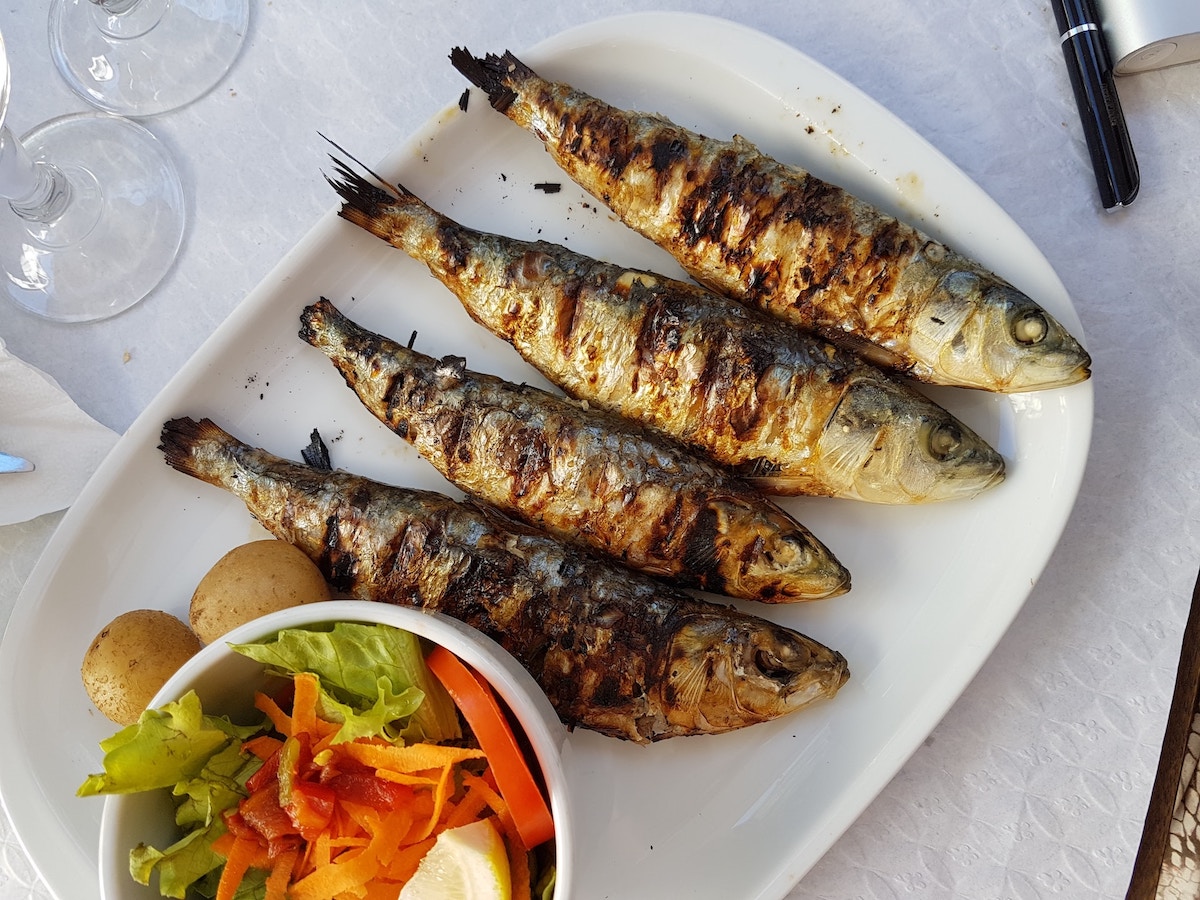 grilled sardines on white dish sardinhas