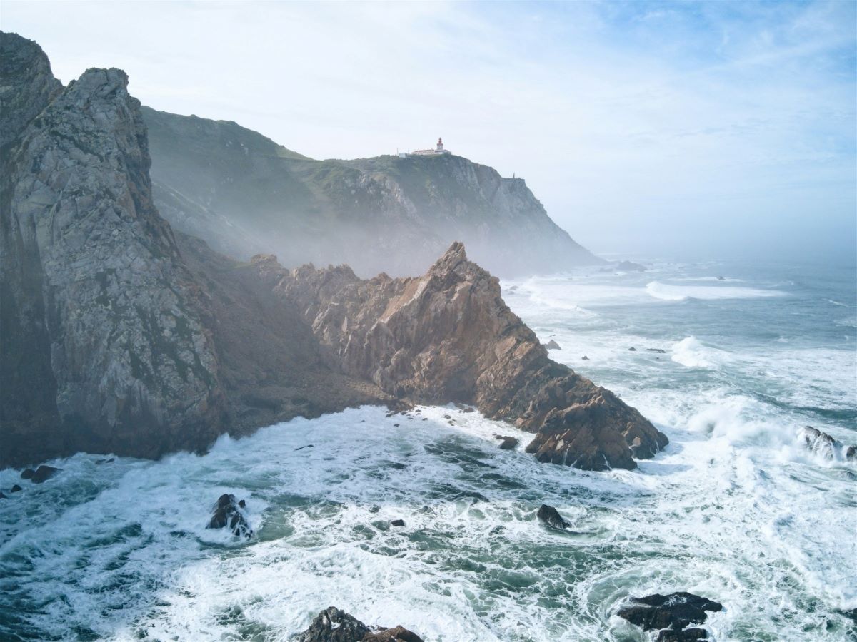 Waves crashing on the cliffs at Cabo da Roca. 