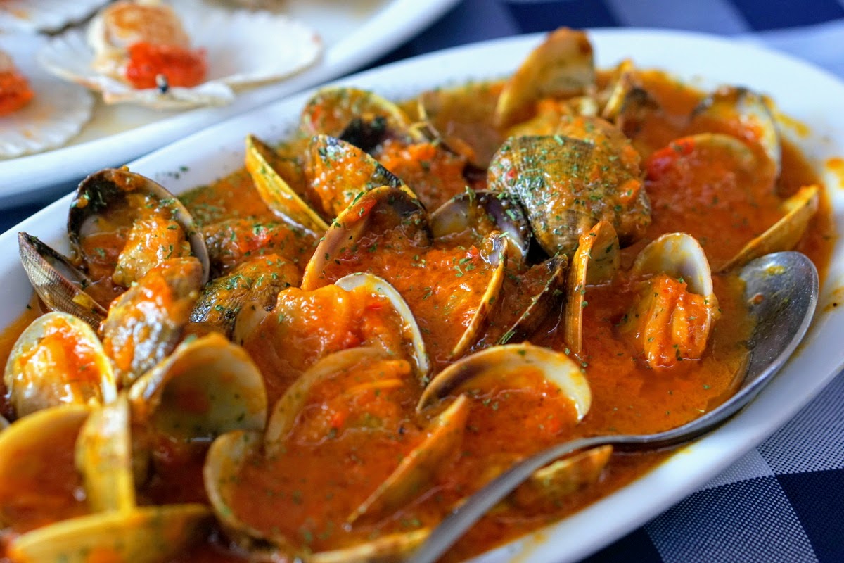 Clams in a red sauce on a white plate