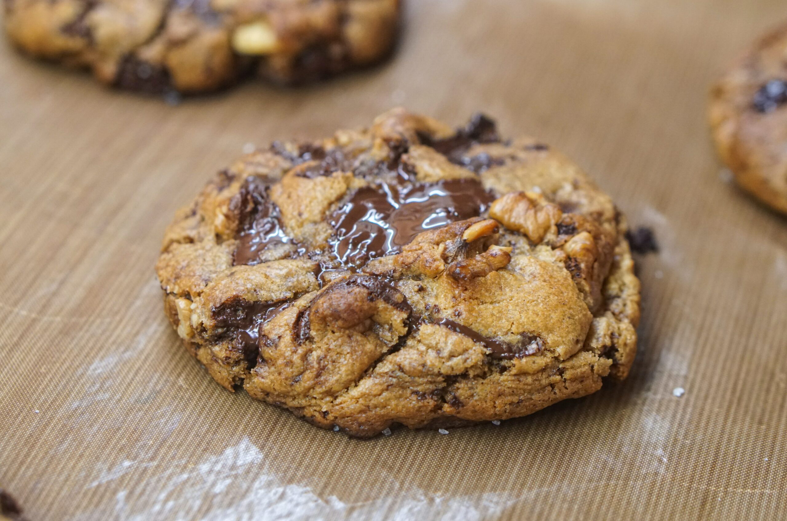 A recently baked chocolate chip cookie