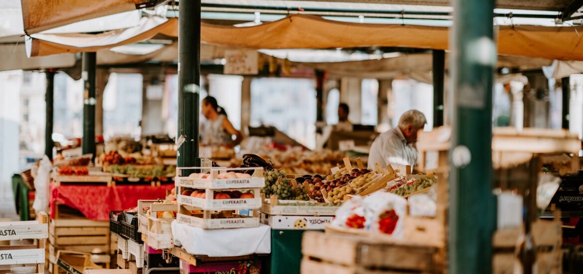 Venetian food market with produce and covered top