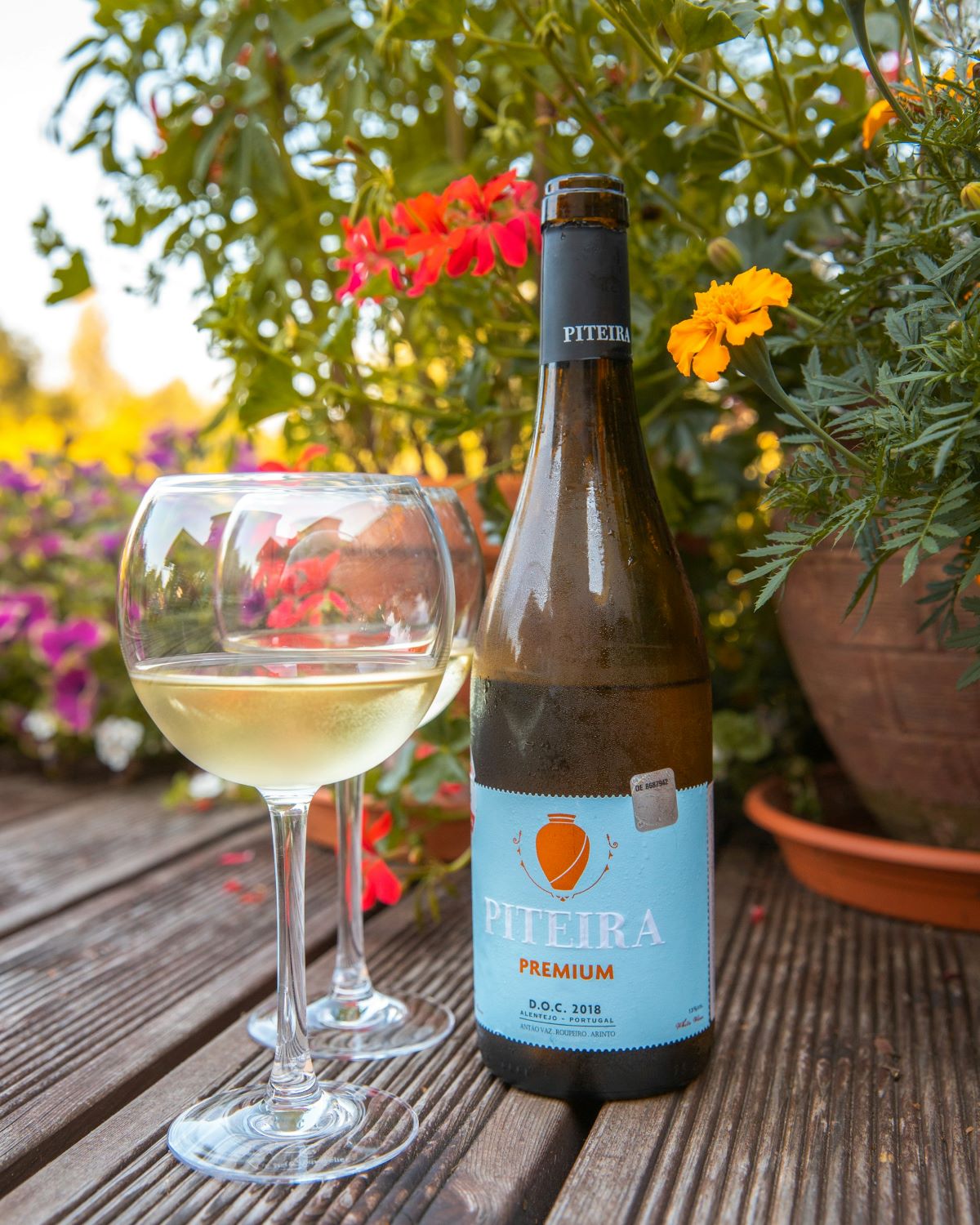 Two glasses of white Portuguese wine next to a bottle of Portuguese wine. 