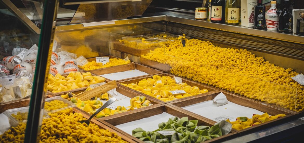 Trays of freshly made pasta for sale in Bologna, Italy