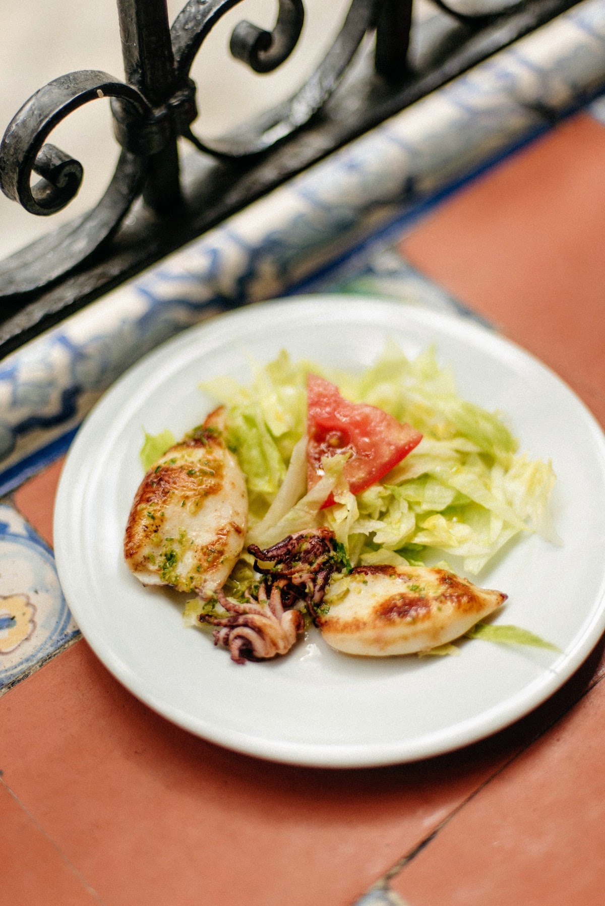 Grilled squid with salad on a white plate