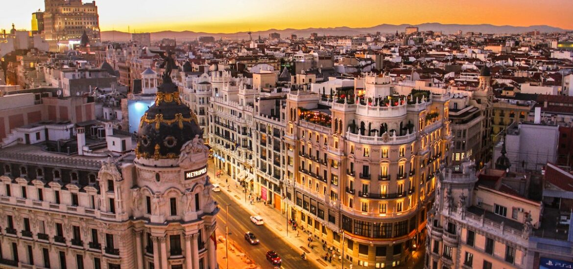 Sunset over downtown Madrid, Spain taken from a rooftop.