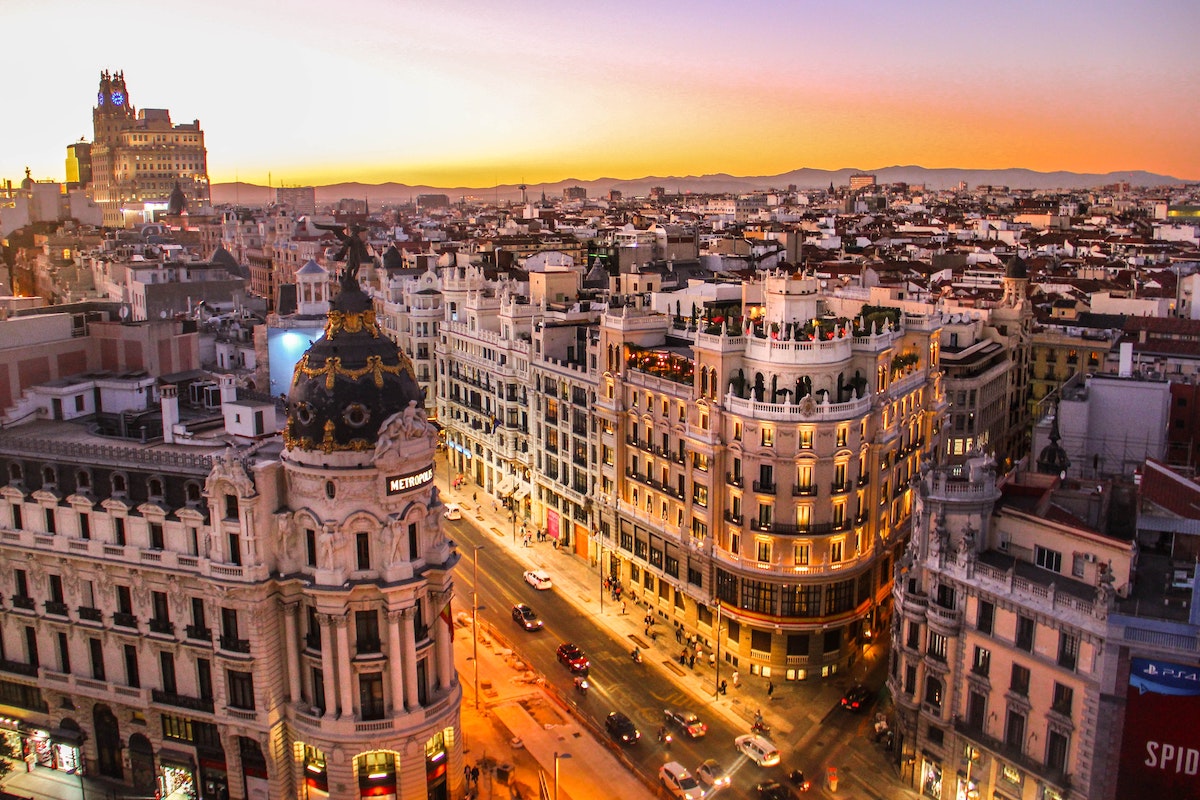 Sunset over downtown Madrid, Spain taken from a rooftop.