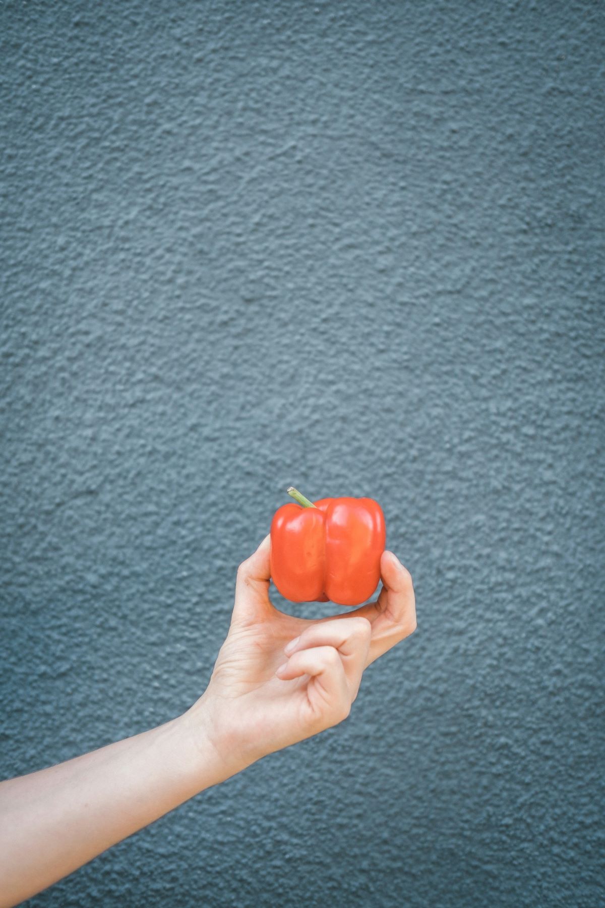 A person holding a typical red bell pepper 