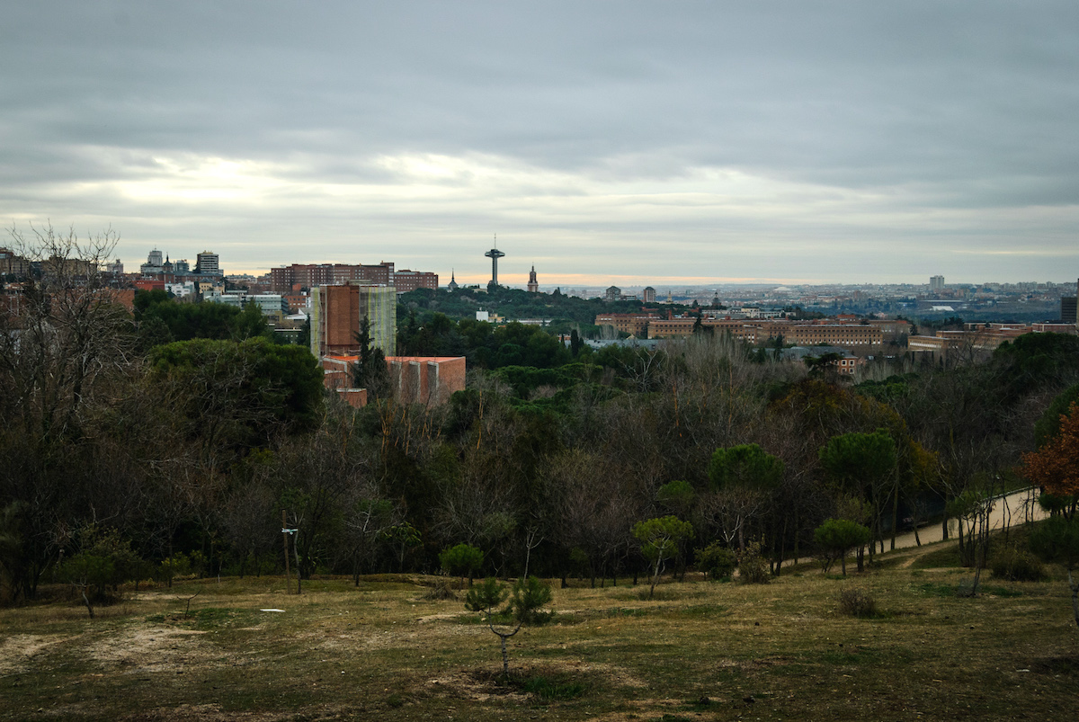 View of downtown Madrid's skyline in the distance from a green park area.