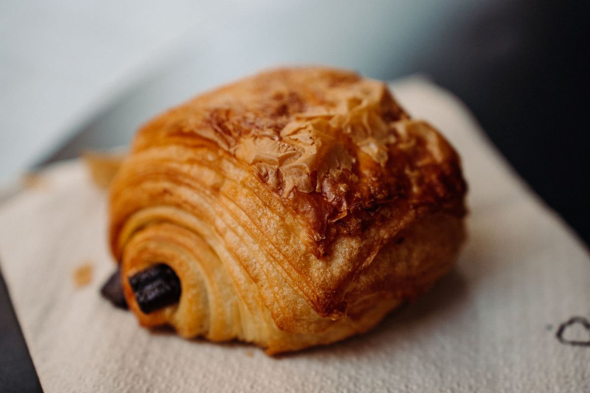 An up close view of a French chocolatine.