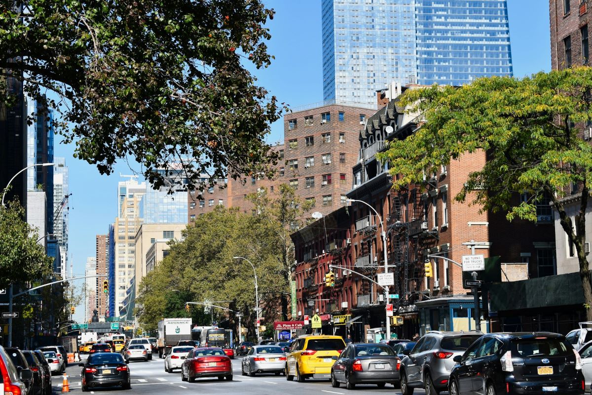 A bustling street in Chelsea neighborhood where a hidden Tibetan Monasteryis in NYC. 