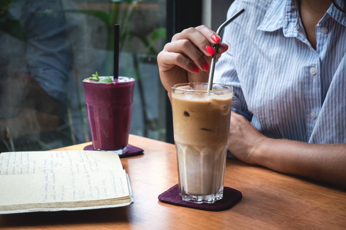 girl drinking coffee and smoothie