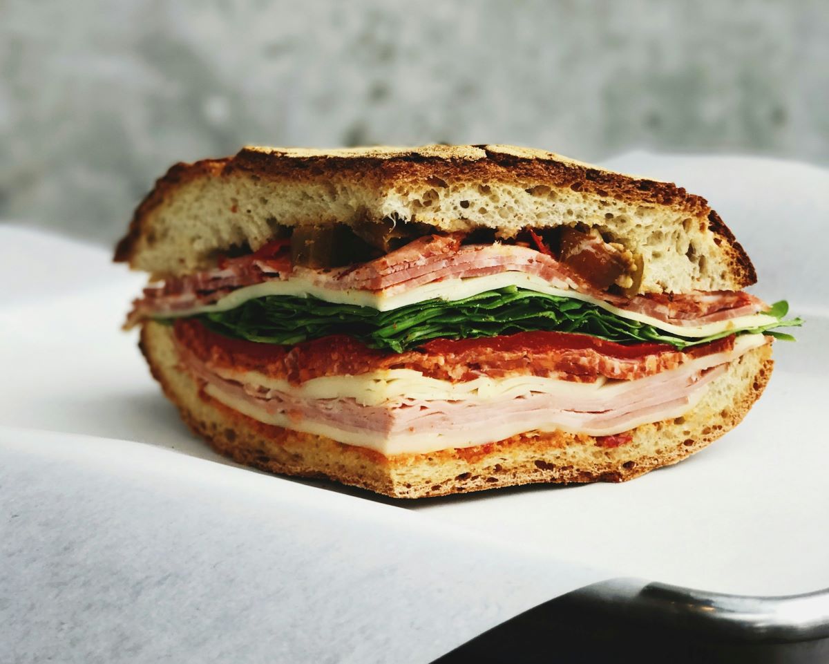 A sandwich made from freshly baked bread at a bakery in Bordeaux. 