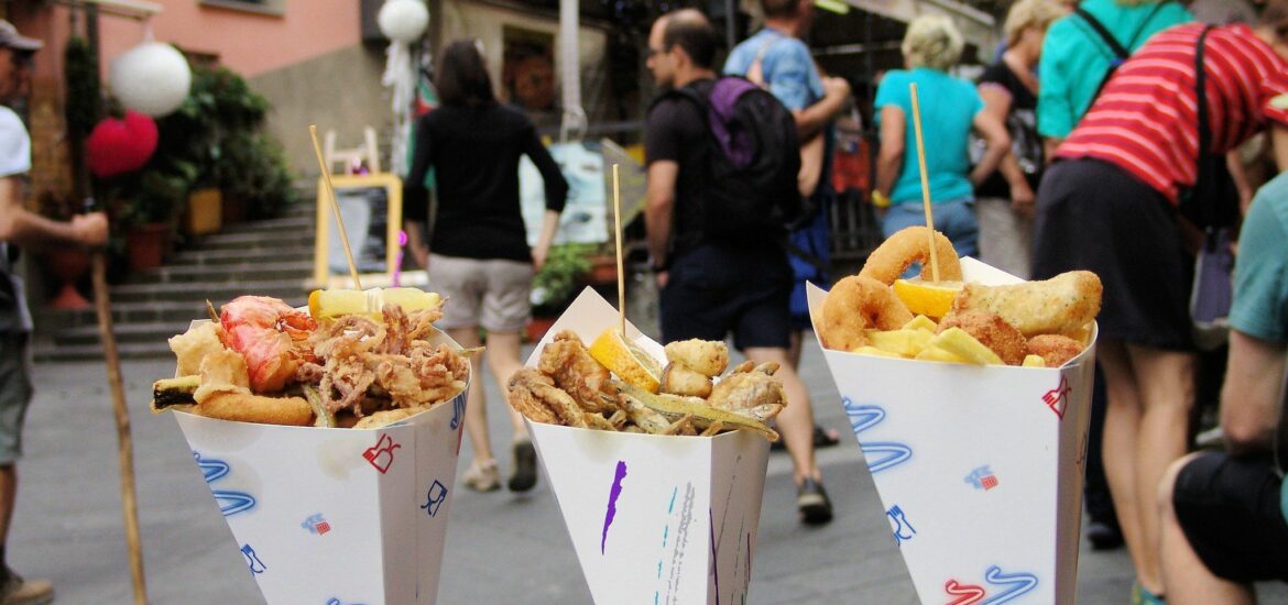 3 cones with fried fish and seafood