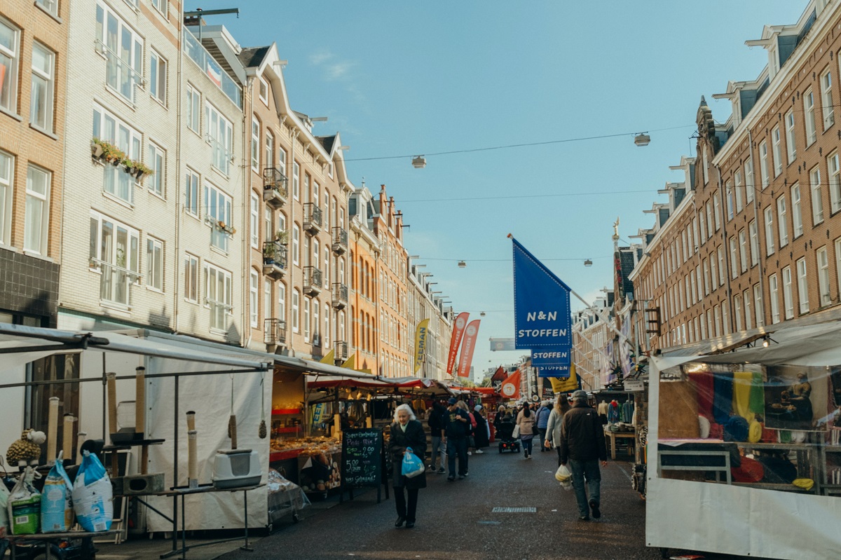 Street market with food vendors in Amsterdam