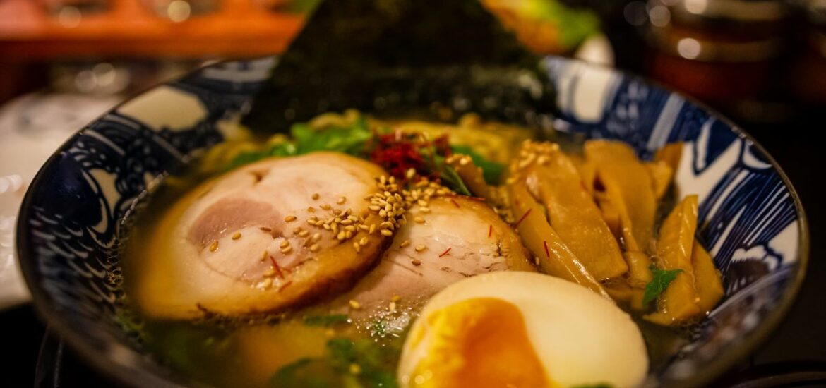 Ramen soup with egg, noodles and meat