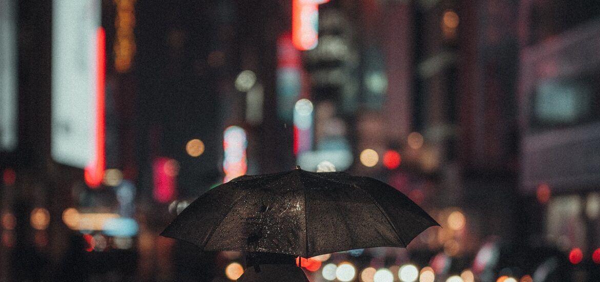 Person walks with an umbrella on a rainy street in a busy city at night