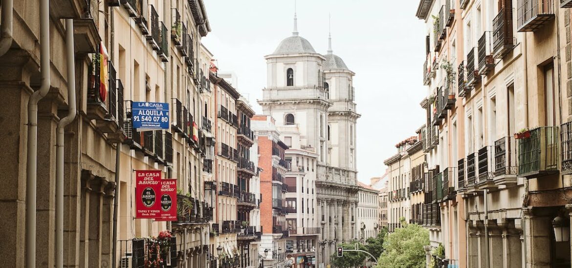 A busy pedestrian street in downtown Madrid, Spain.