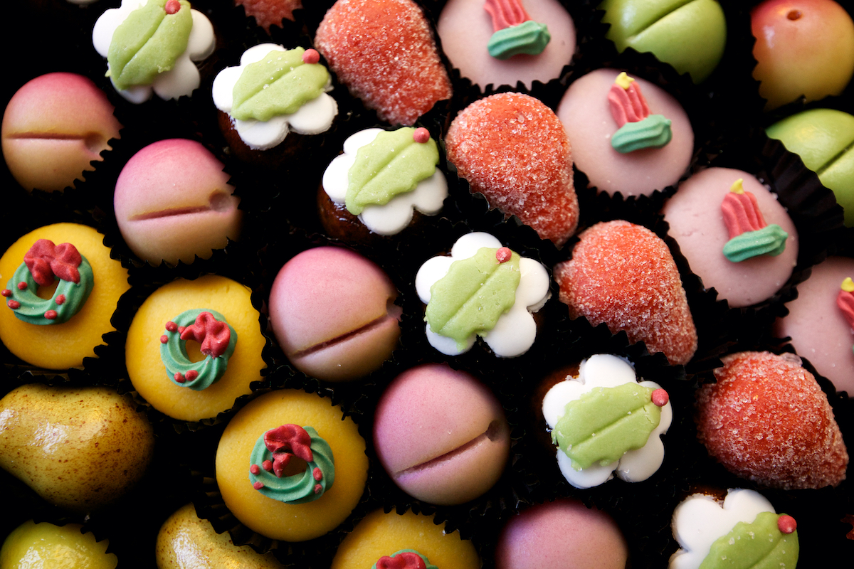 Overhead shot of colorful marzipan sweets.