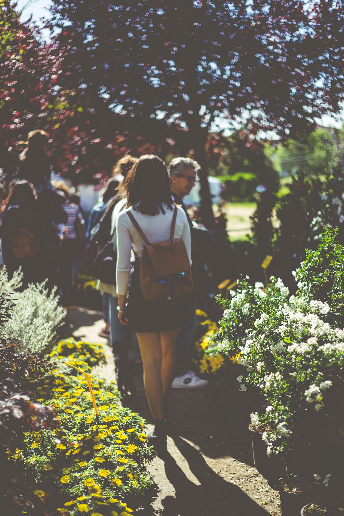 Woman with a backpack wandering through a garden or park