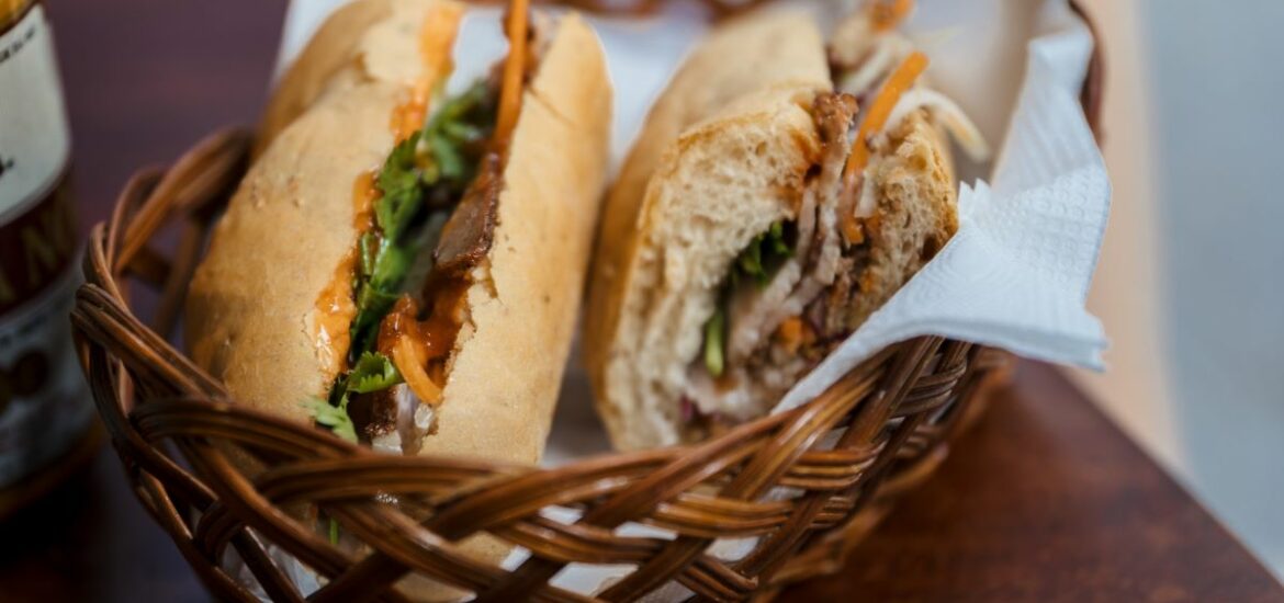 white bread sandwich in brown basket