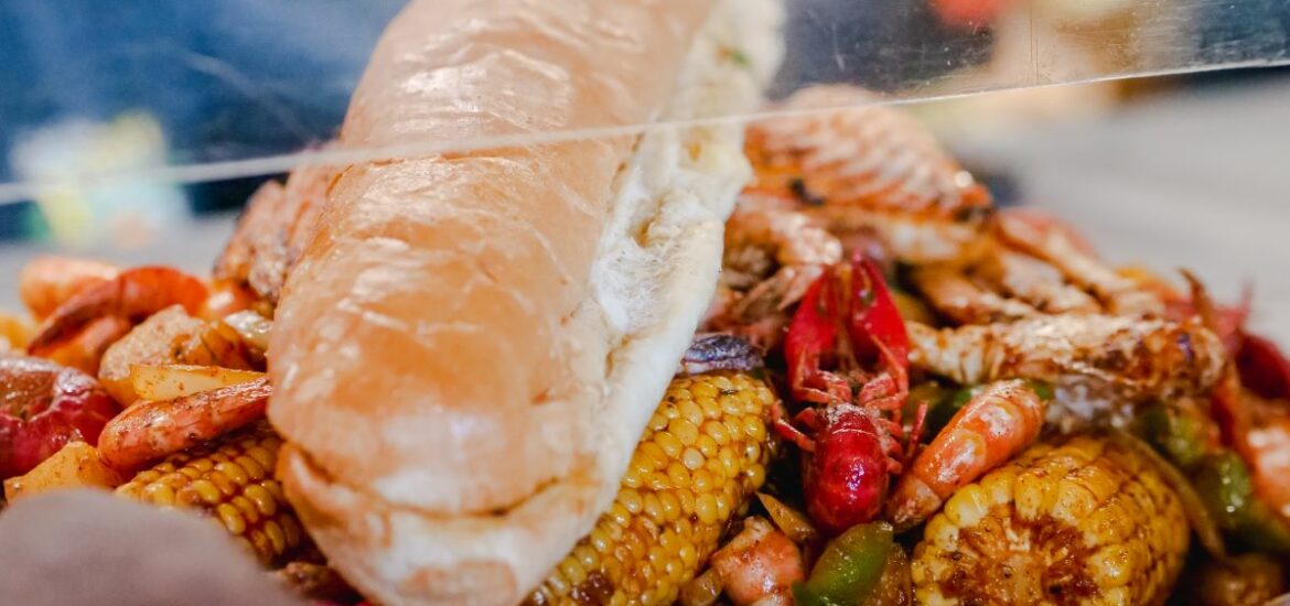 seafood boil tray with bread roll