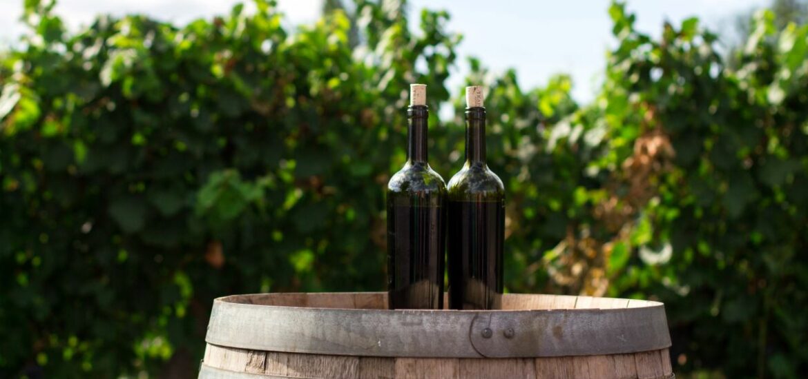 Two wine bottles size on top of a barrel used for wine making.